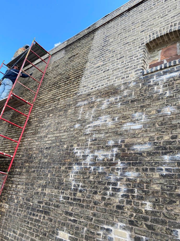 A man is standing on a ladder on top of a brick wall.
