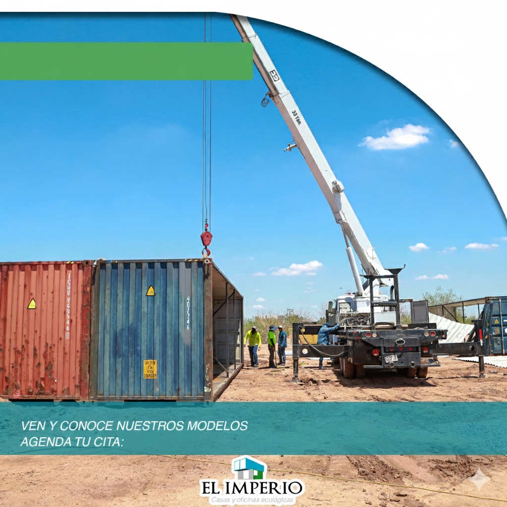 Grúa levantando un contenedor; trabajadores cerca. Detalles en verde y azul. Logotipo de El Imperio en la parte inferior.