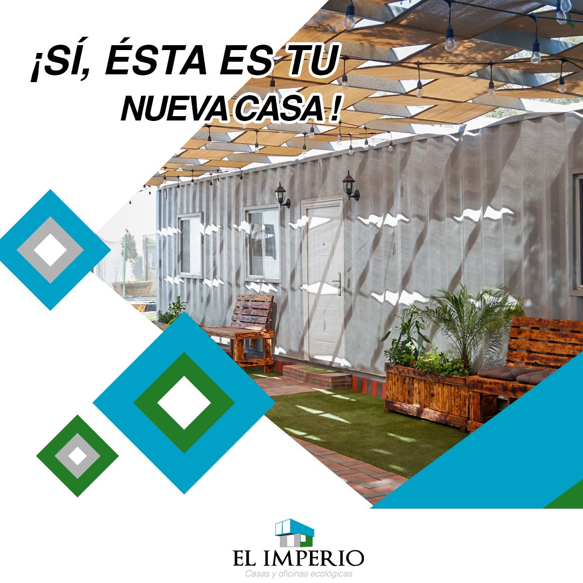 Una casa con un patio sombreado. El texto dice 