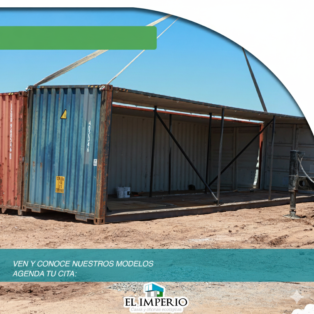 Un contenedor de envío modificado, usado como refugio, con un contenedor azul y un lateral abierto. Texto verde y azul.