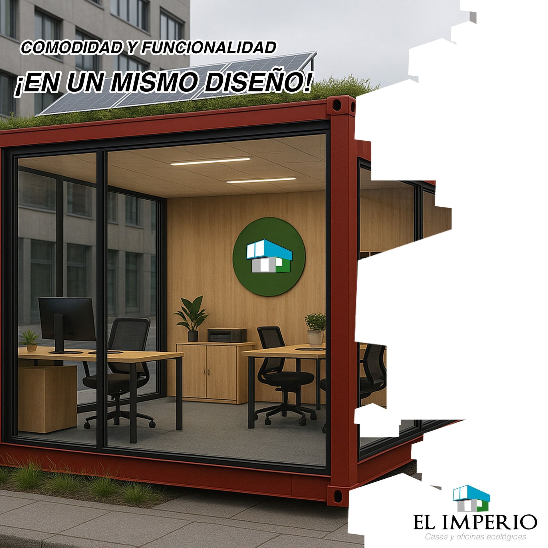 Office space inside a red container. Interior has desks, chairs, logo on wall. Text: 