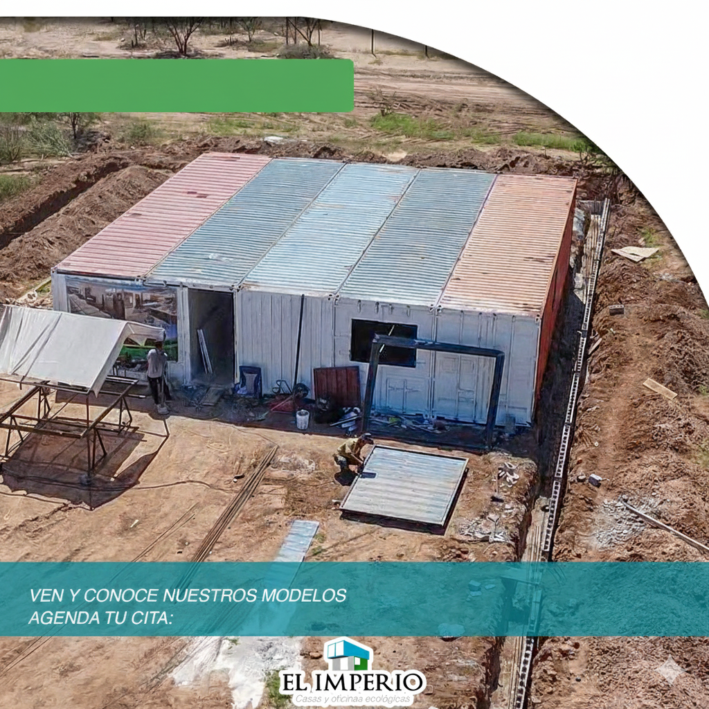 Obra: casa construida con contenedores marítimos. Texto: 