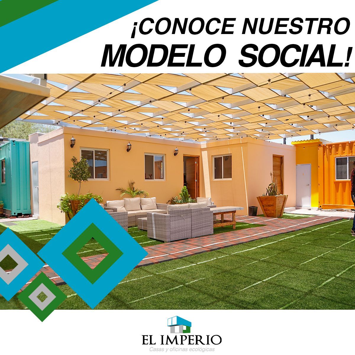 Un patio con edificios hechos con contenedores de envío, con el texto 