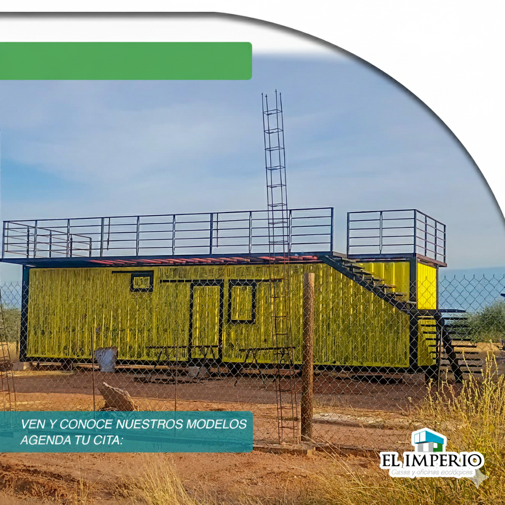 Yellow container home with rooftop deck, exterior stairs, and antenna. Text: 