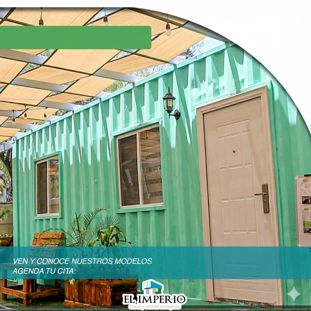 Casa contenedor de envío verde con puerta y ventanas.