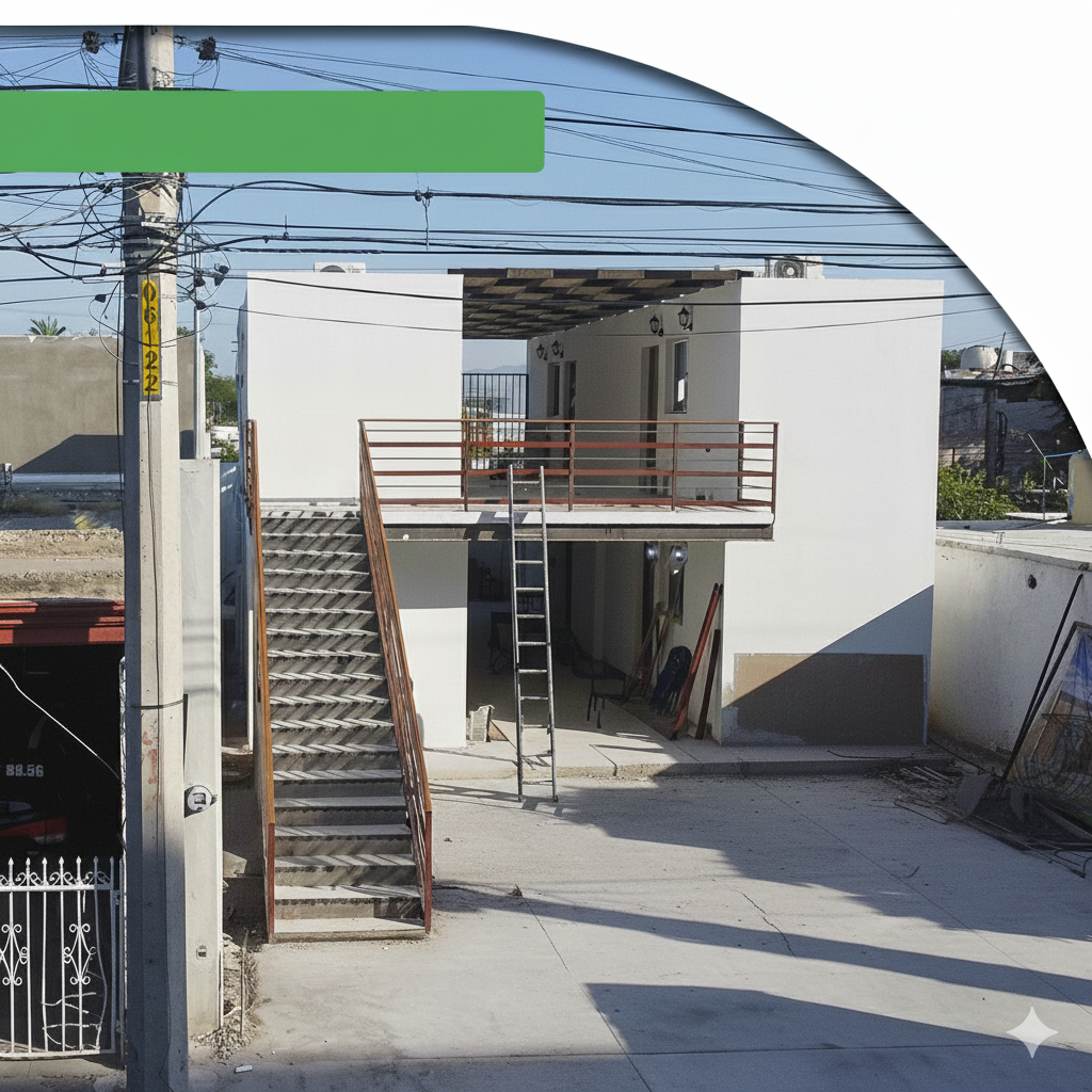 Edificio blanco de dos plantas con escalera exterior y balcón. Una escalera metálica se apoya en el balcón.