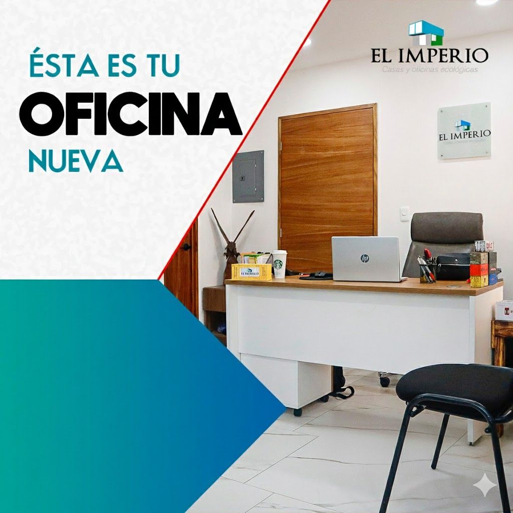 Interior de oficina con escritorio, silla y portátil. Texto: 