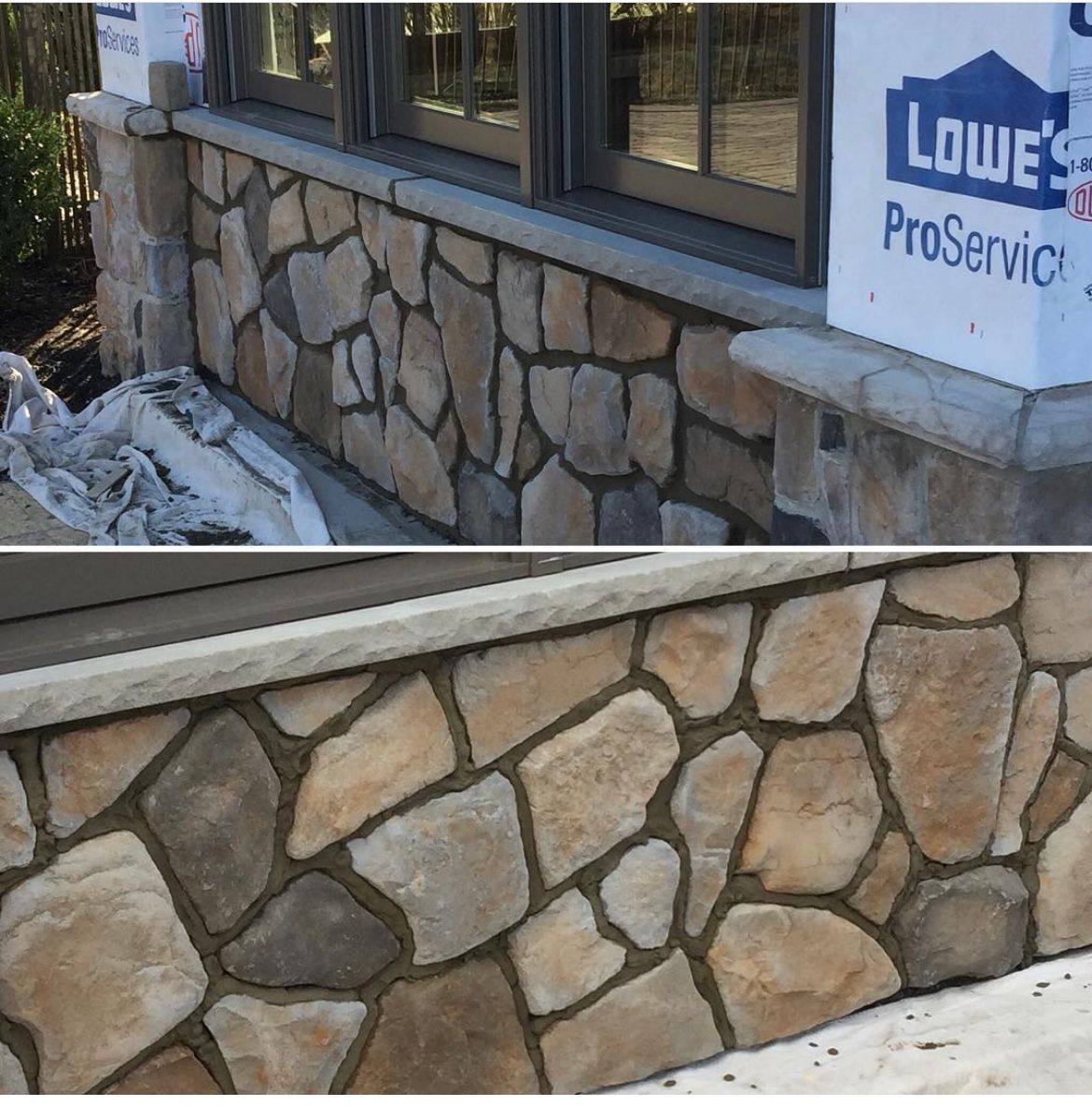 Two photos showing a exterior stone veneer installation with earth-toned stones and mortar joints under a window.
