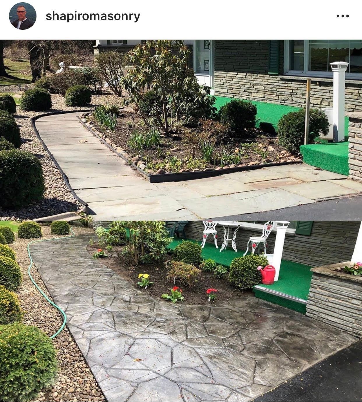 Before and after comparison of a home entrance showing a plain concrete walkway replaced by patterned, stamped concrete.