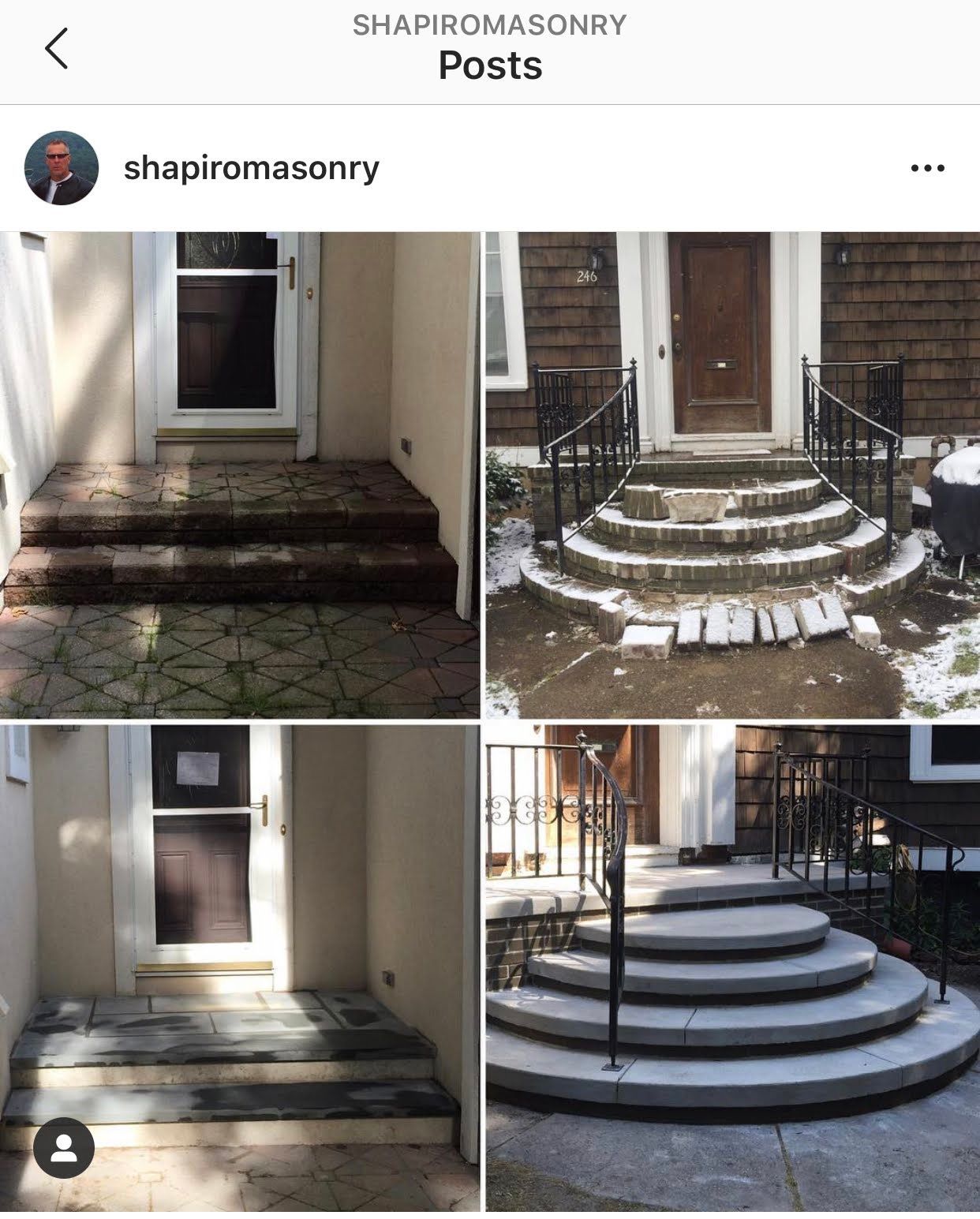 Before and after photos of two different exterior home staircases renovated with new masonry.
