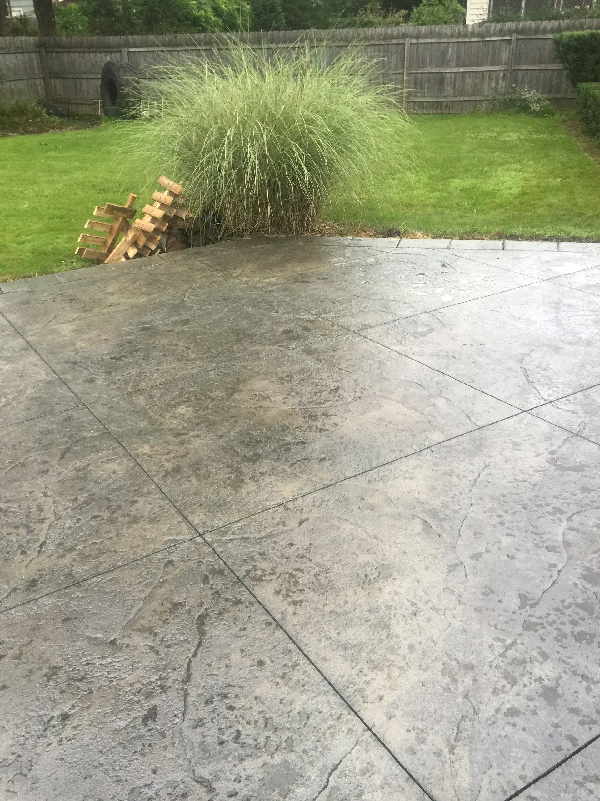 A concrete patio with a diamond-pattern stamped design, featuring a large ornamental grass bush in a backyard.