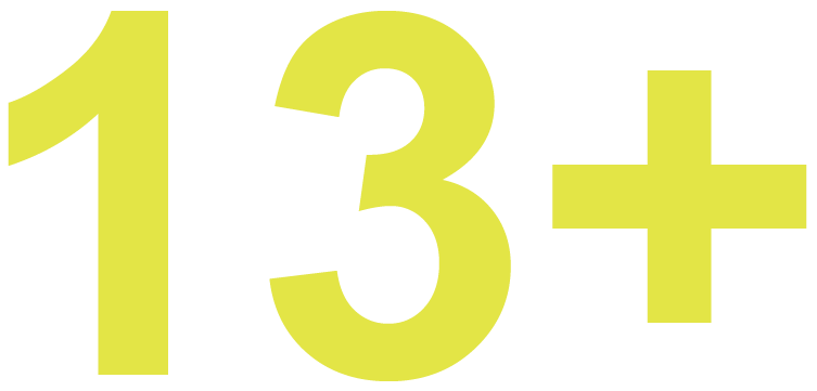 The number 13 + is written in yellow on a white background.