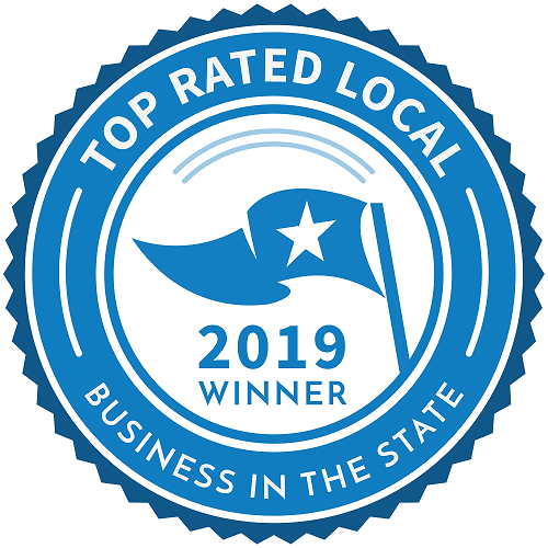 A blue seal that says `` top rated local business in the state ''.