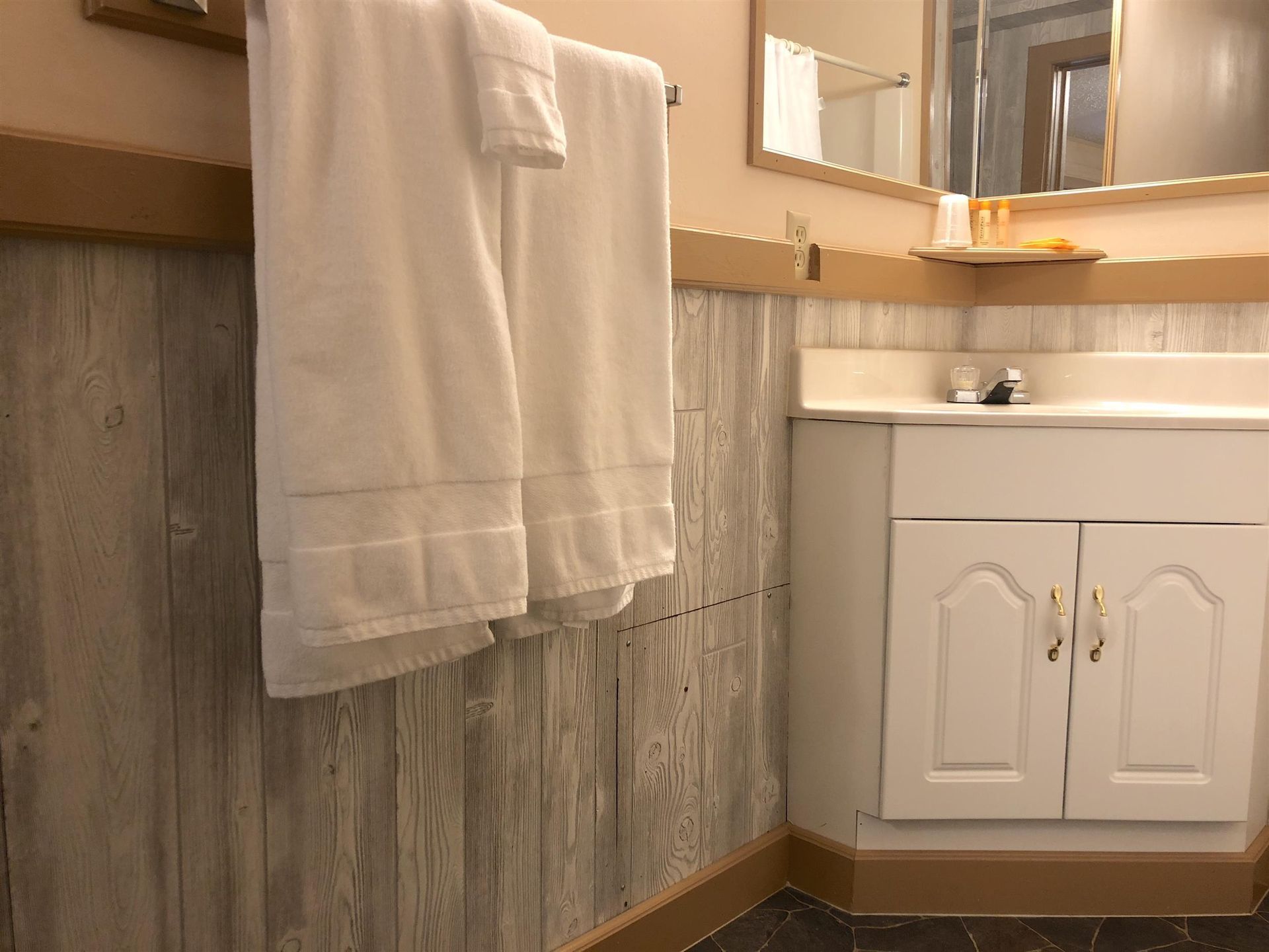 Bathroom with white towels, a vanity, wood-paneled walls, and a mirror.