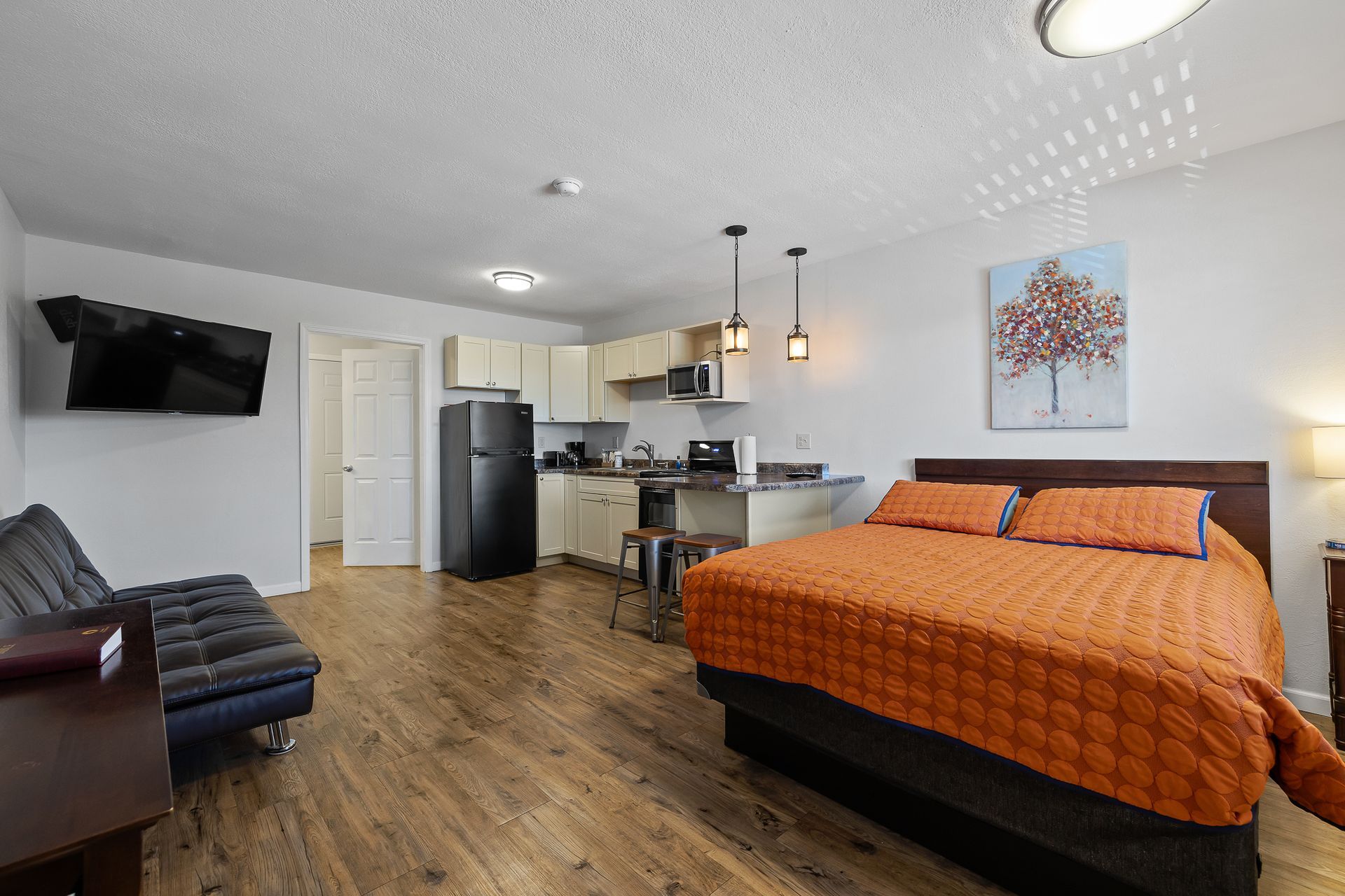 Studio apartment with bed, kitchenette, seating area, and TV.