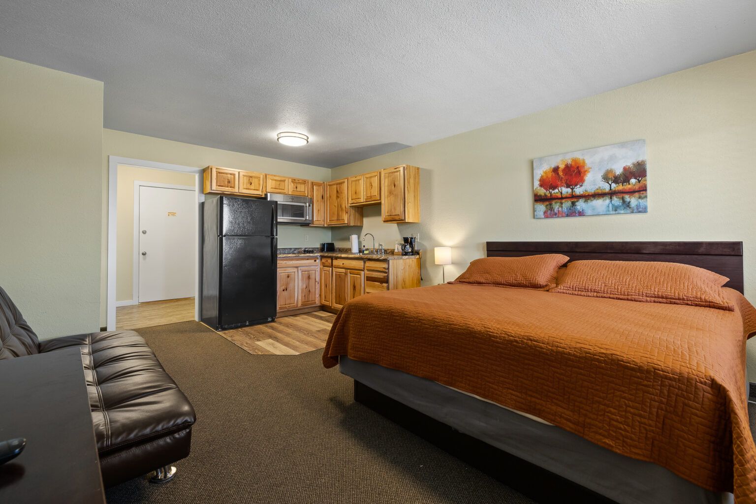 Studio apartment with a bed, small kitchen, and a sitting area with a leather sofa.