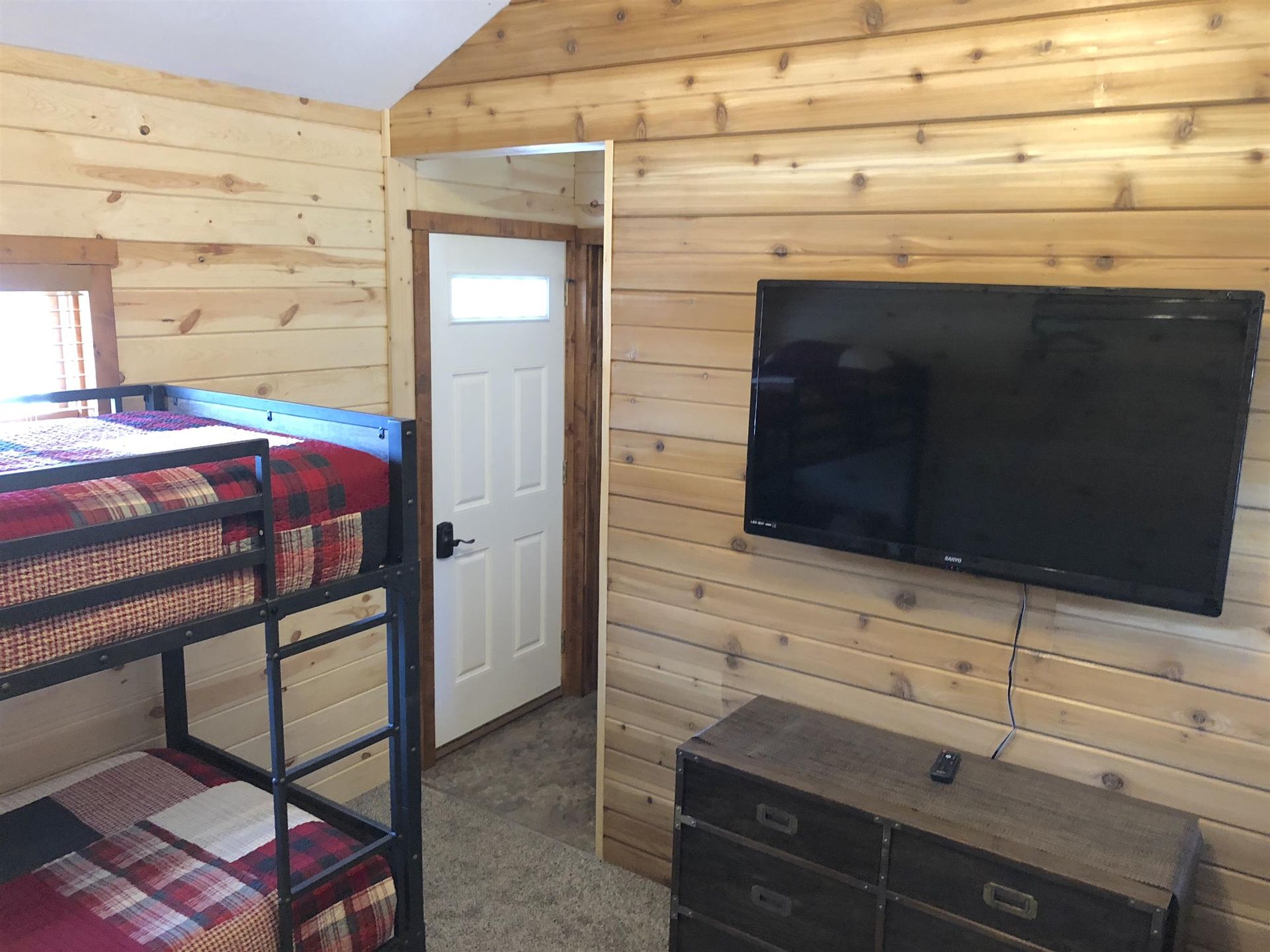 Bunk beds, TV, and dresser in a wood-paneled room with a door.