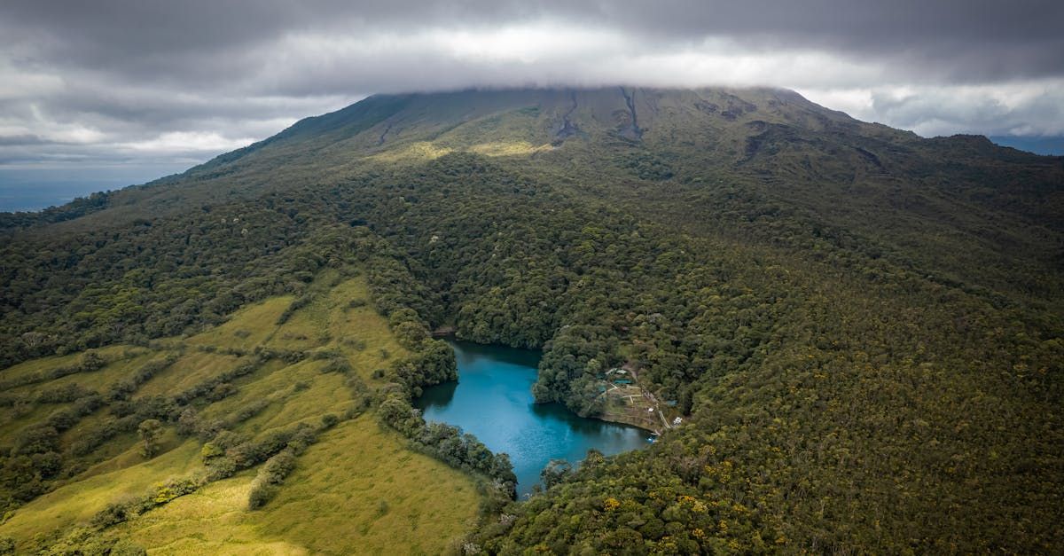 An aerial view of a lake in the middle of a forest with a mountain in the background.