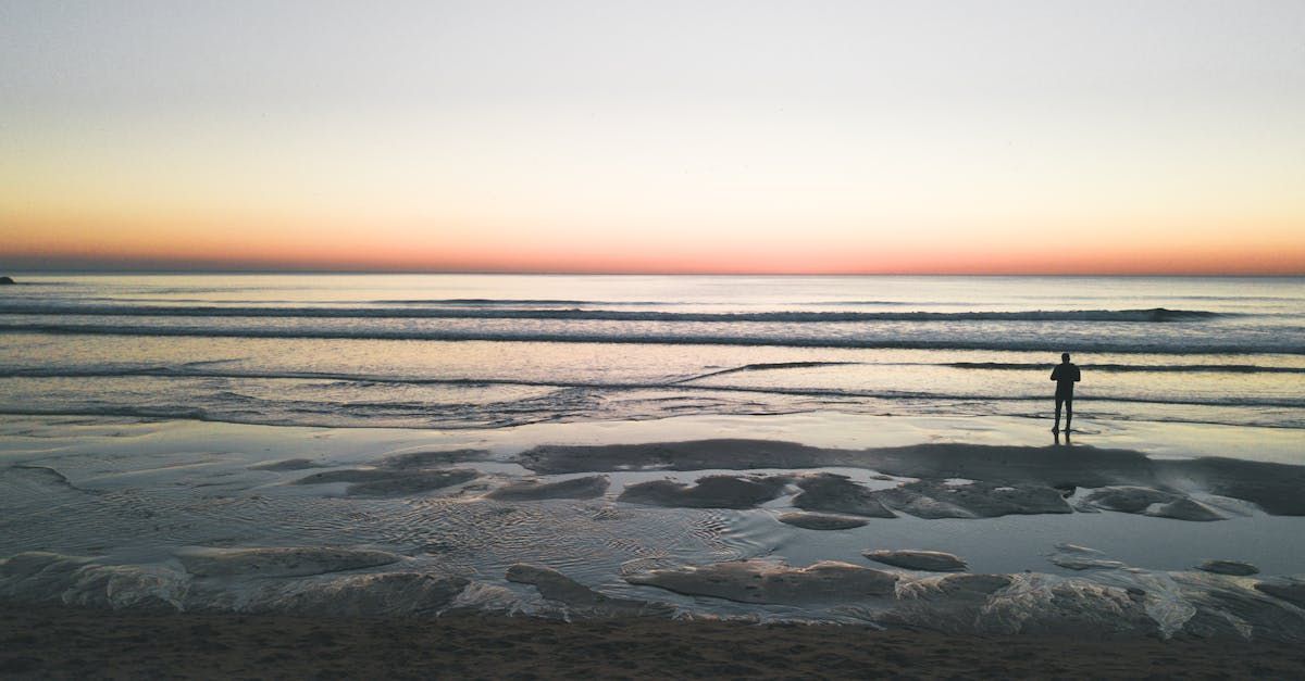 A person standing on a beach looking at the ocean