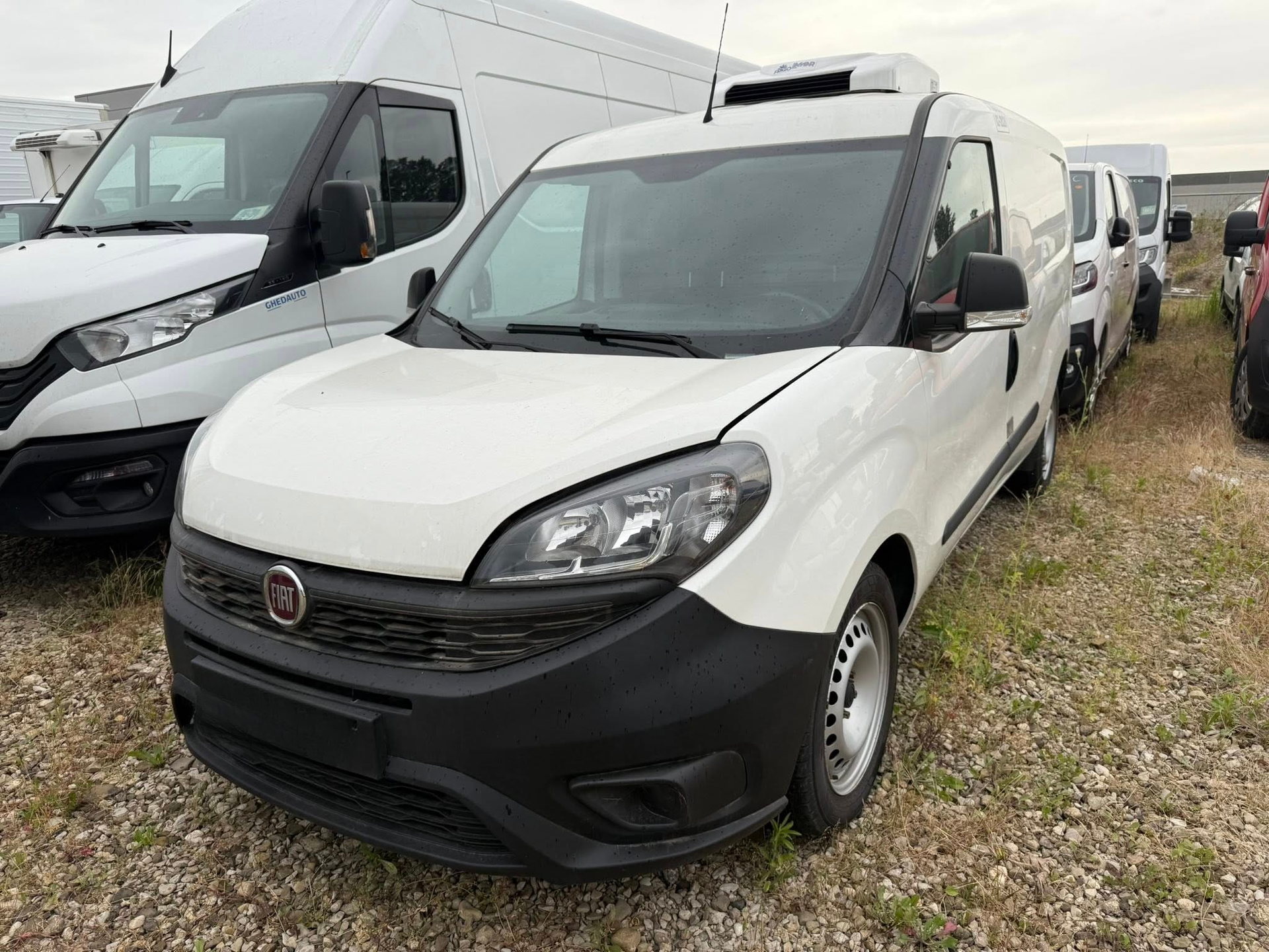 Una fila di furgoni bianchi sono parcheggiati in uno spiazzo ghiaioso.