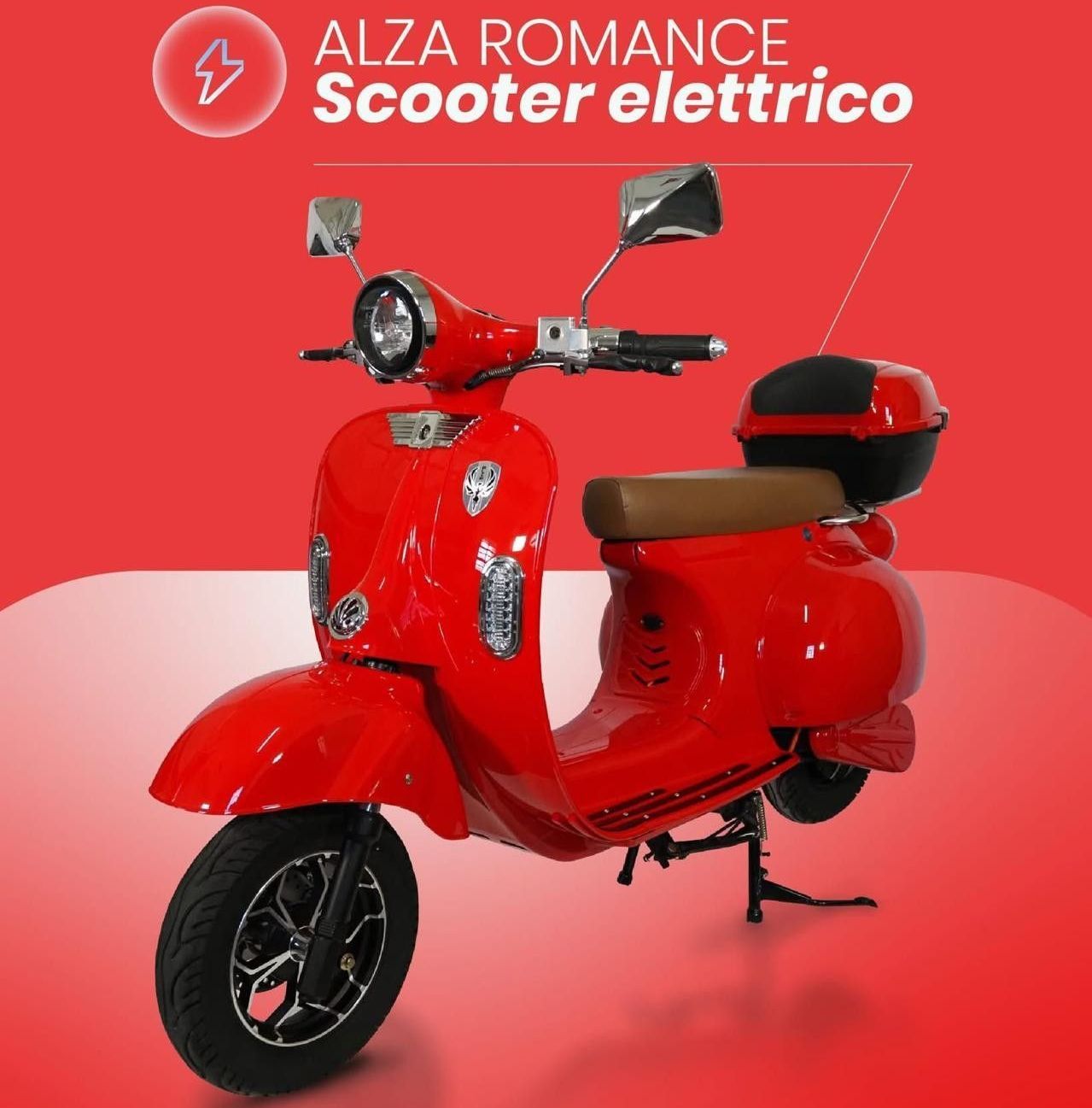 Uno scooter rosso con la scritta alza romance scooter elettrico sopra
