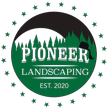 Circular logo: "Pioneer Landscaping" with a forest scene, crescent moon, and stars. Green and black.