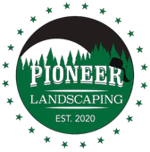 Circular logo: "Pioneer Landscaping" with a forest scene, crescent moon, and stars. Green and black.