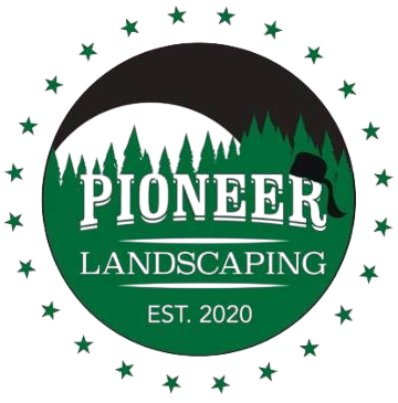 Circular logo: "Pioneer Landscaping" with a forest scene, crescent moon, and stars. Green and black.