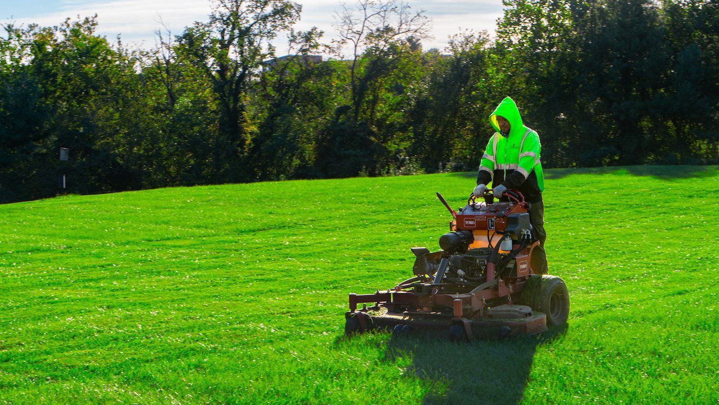 Person in neon green jacket mowing a green lawn with a riding mower on a sunny day.