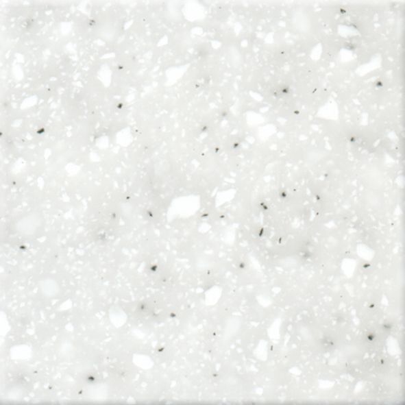 Et nærbillede af en hvid granitbordplade med sorte pletter.