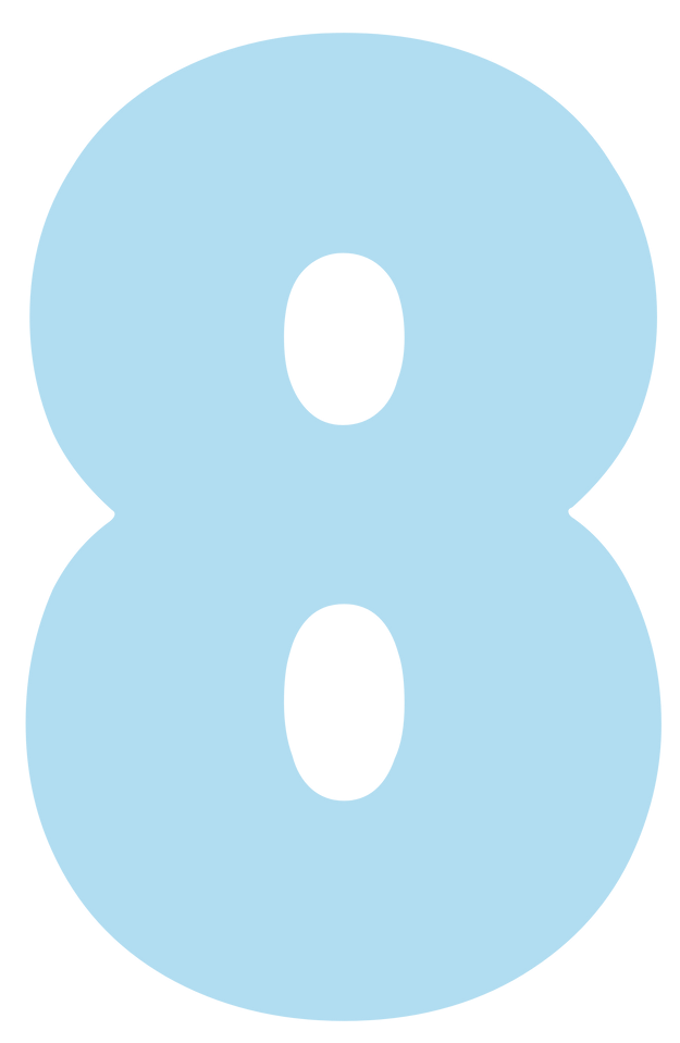 A light blue number eight with two white dots on a white background.