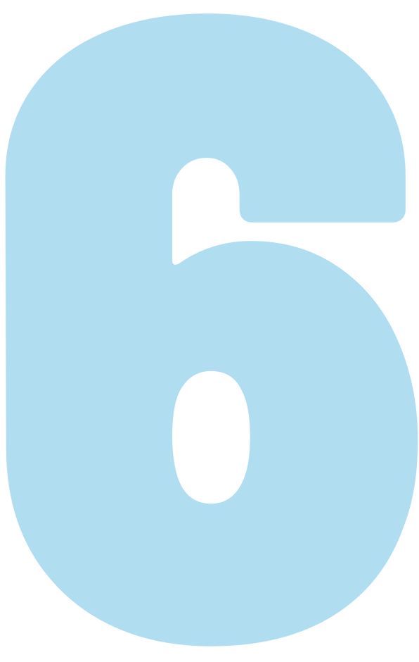 A light blue number 6 with a white circle in the middle on a white background.