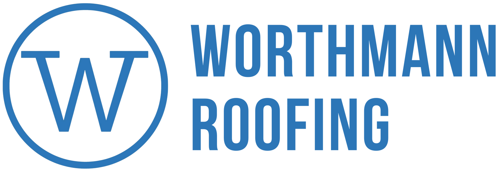 The logo for worthmann roofing is blue and white.