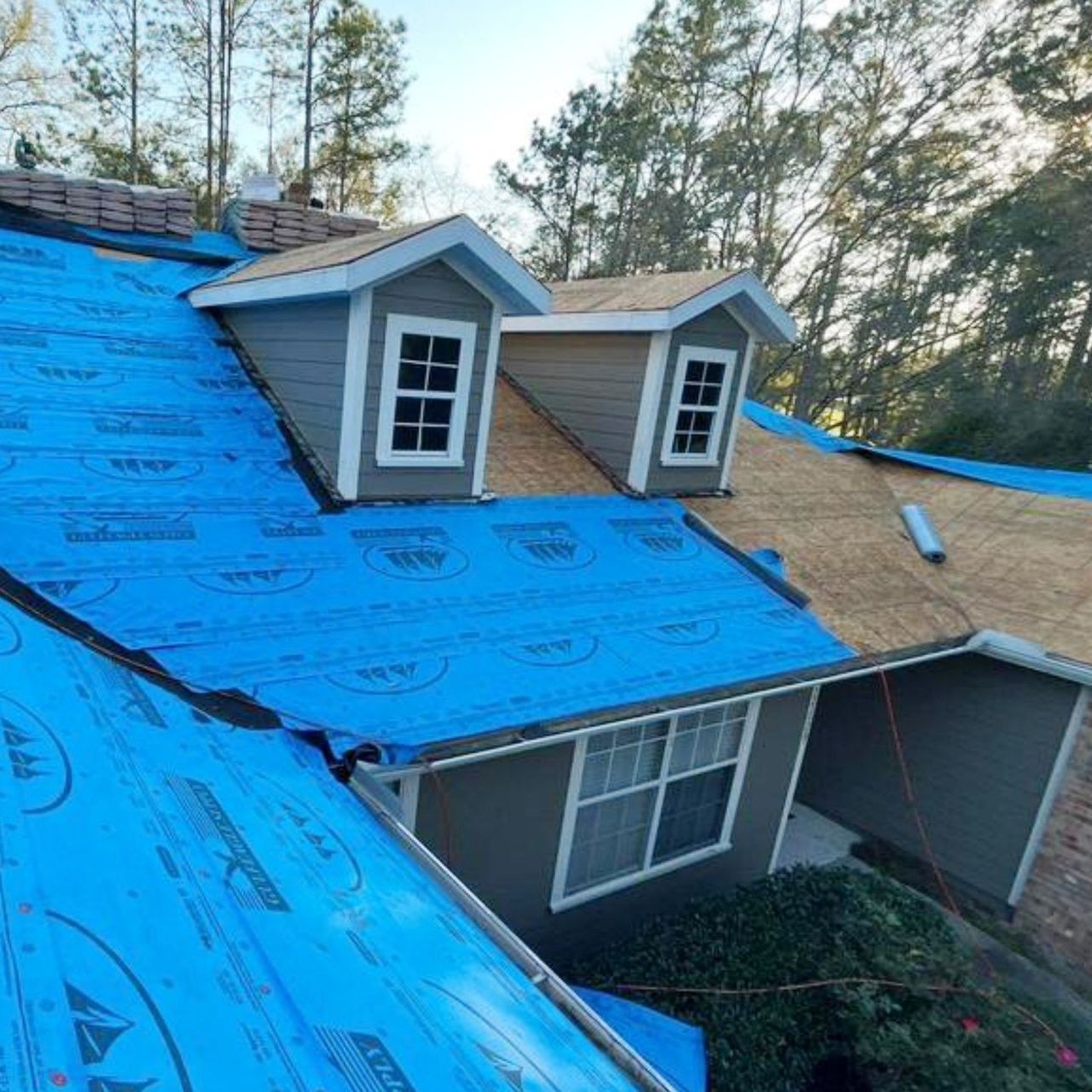 A house with a blue tarp on the roof is being remodeled.