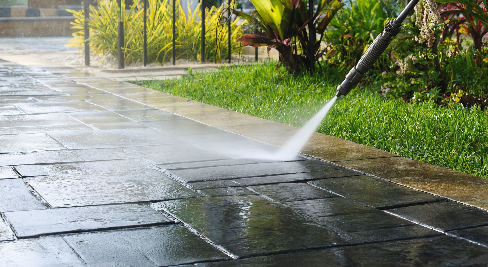 Person pressure-washing a wet stone walkway beside green grass and shrubs