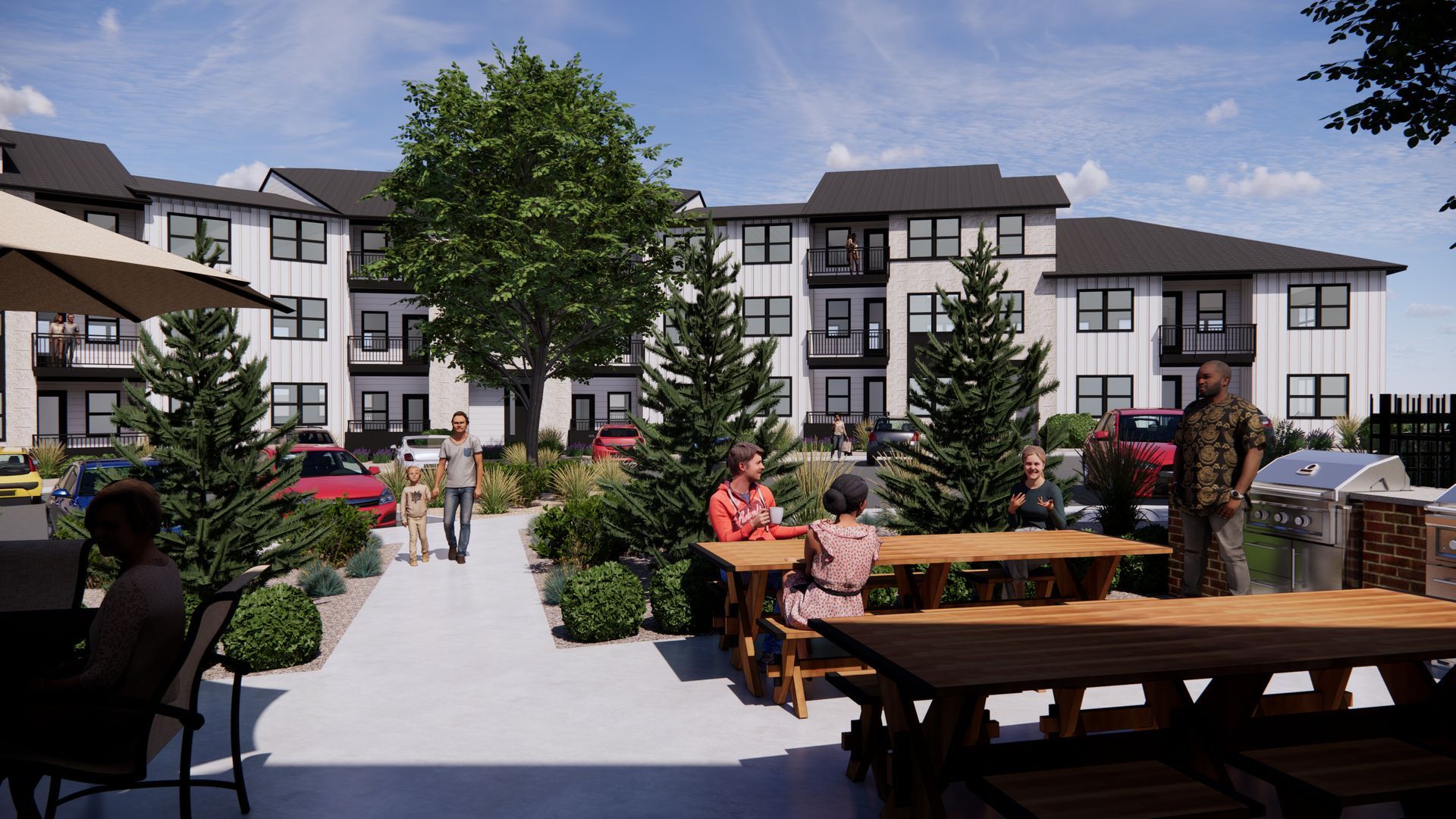 A rendering of an outdoor courtyard at an apartment complex with picnic tables, landscaping, and a path between buildings.