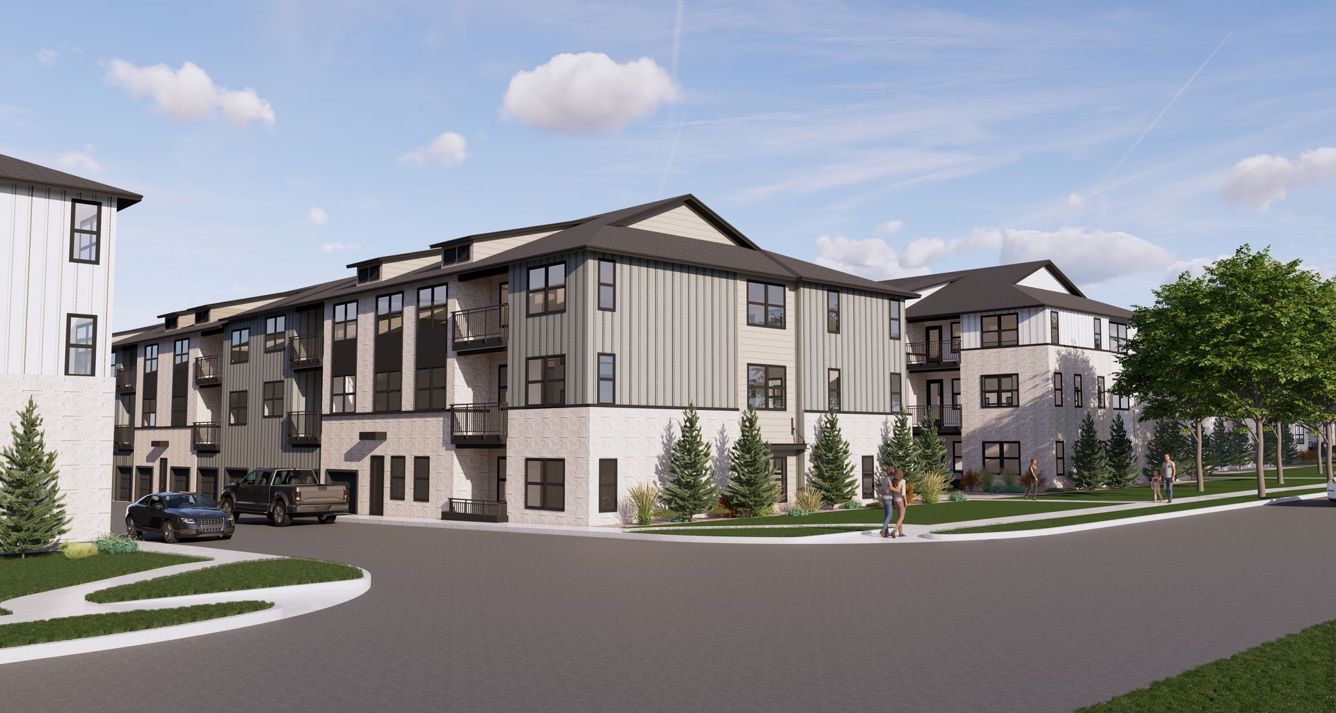A digital rendering of modern, multi-story apartment buildings with light stone bases, gray siding, and dark trim.