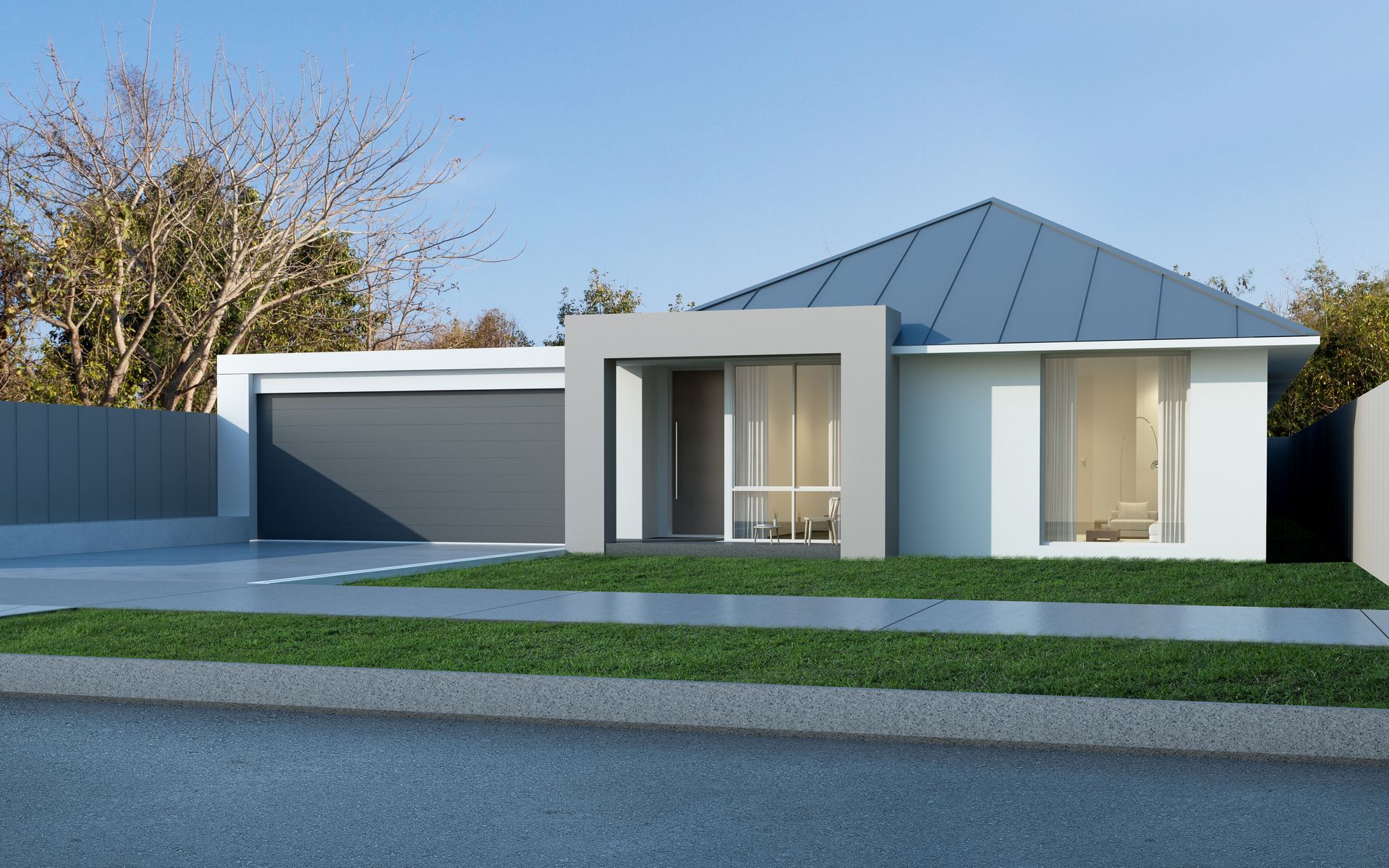 Modern single-story house with gray roof, garage, and entrance, on a green lawn. Blue sky.