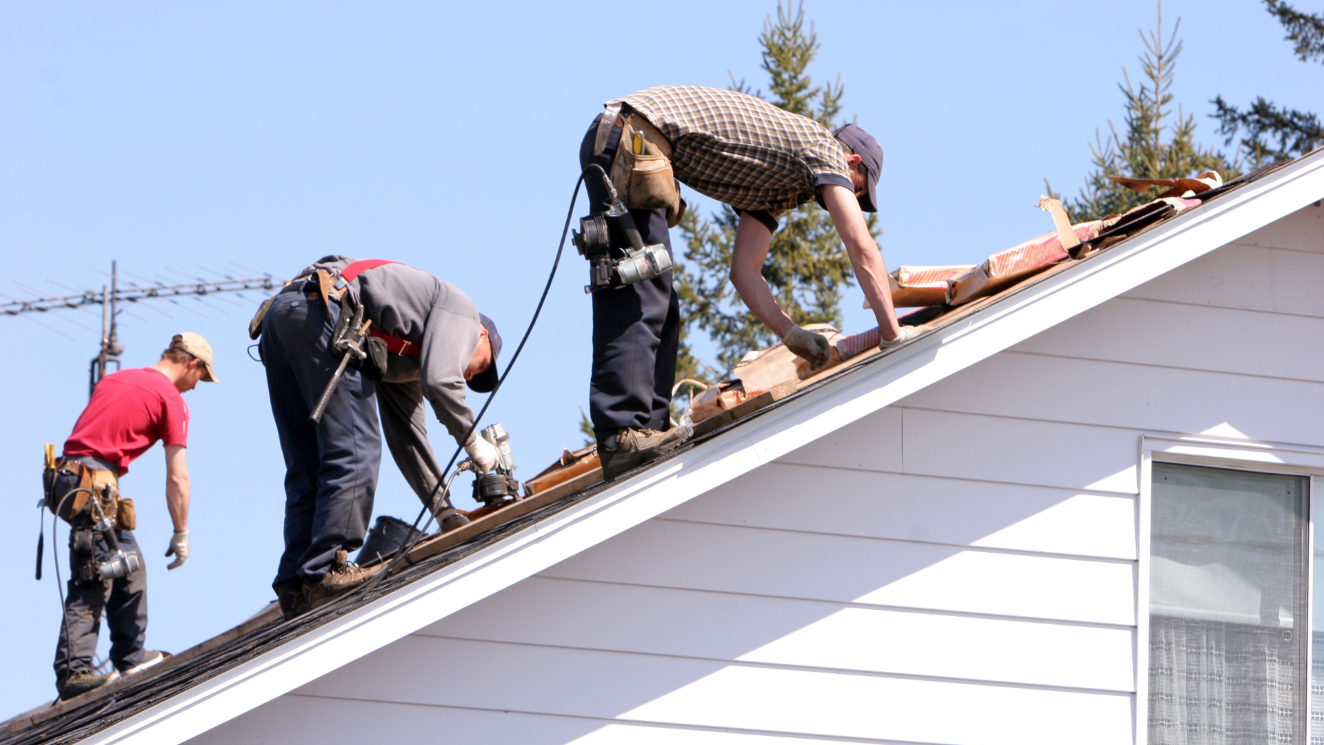 Roofers on a sloped roof, working on shingles. Sunny day, clear blue sky.