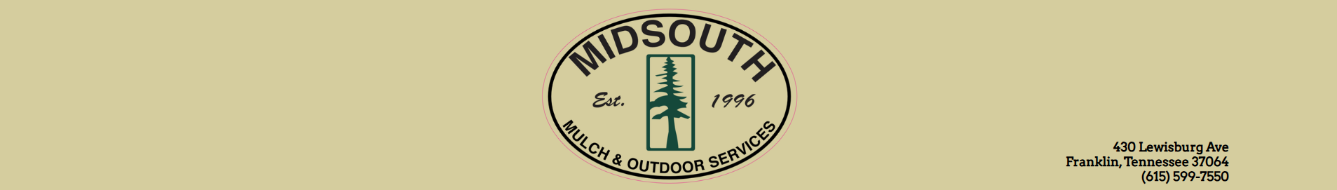 Circular logo with a church and tree, flanked by small text on a beige banner.
