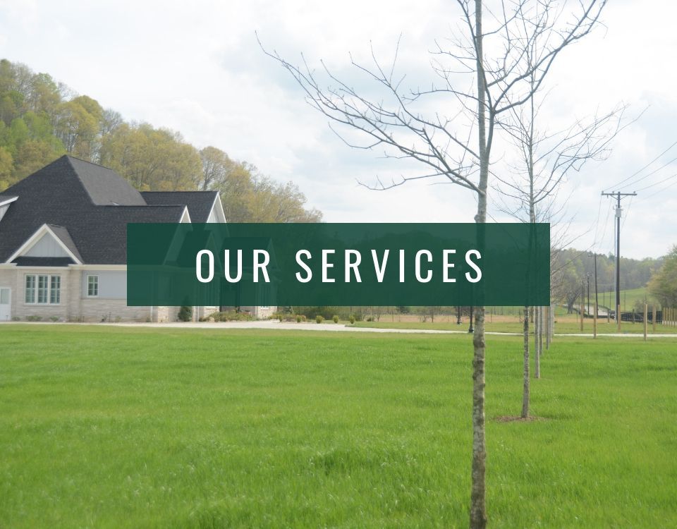 Green lawn with house and trees, overlaid with “OUR SERVICES” banner