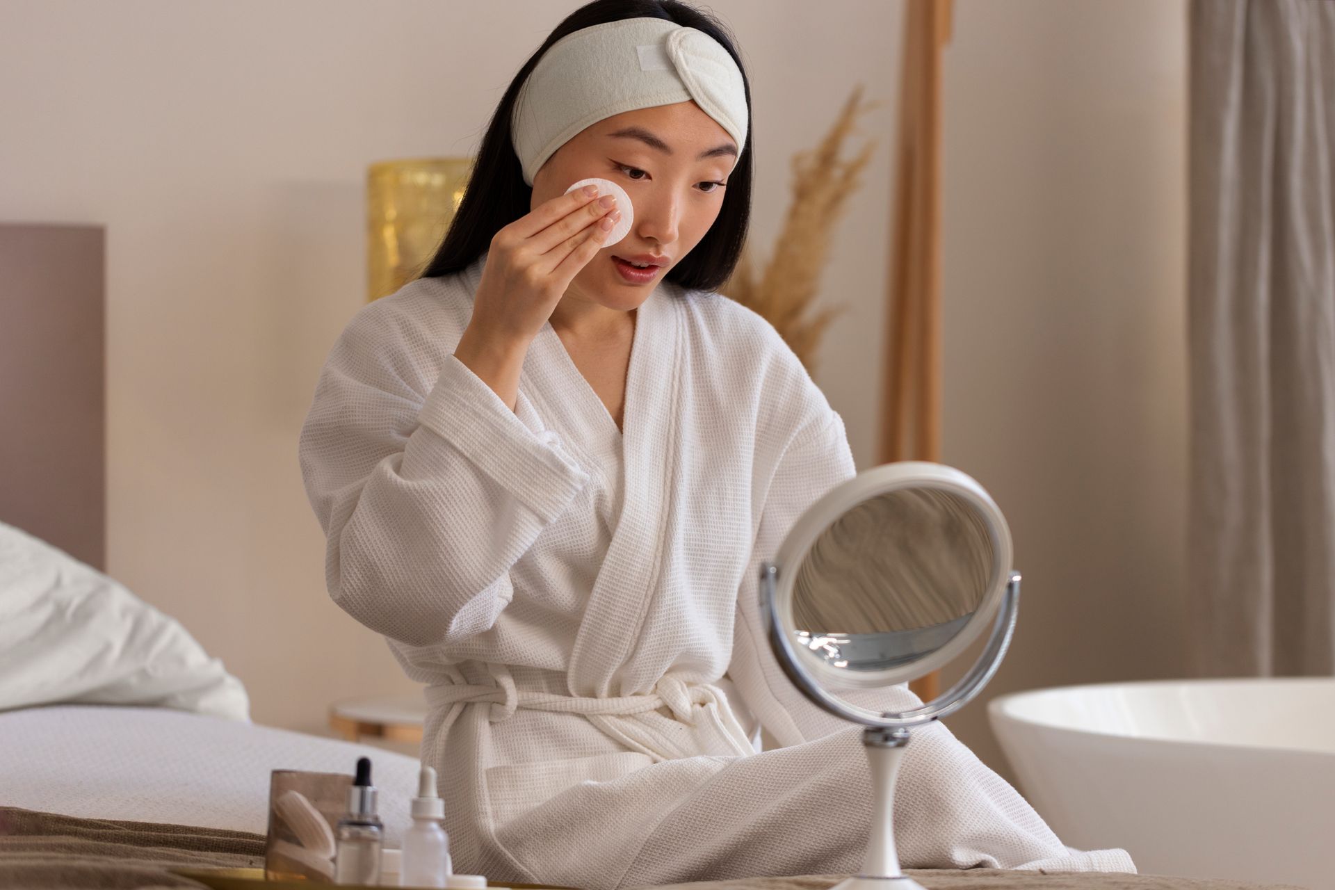 Woman in a robe using a cotton pad on her face in front of a mirror; bedroom setting.