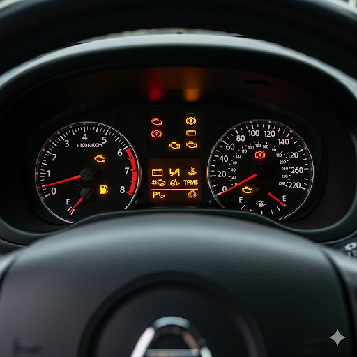 A car's dashboard with multiple red and amber warning lights illuminated, including the check engine