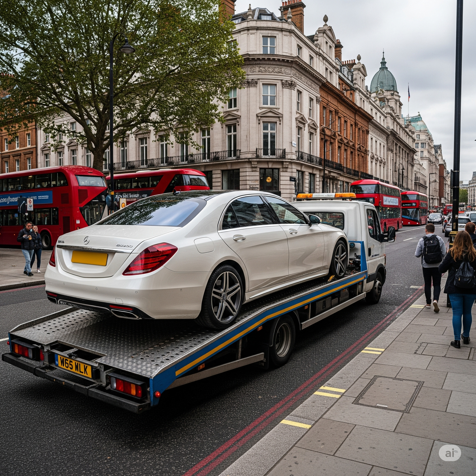 A luxury Mercedes-Benz being professionally loaded onto an Advance Vehicle Recovery flatbed truck 