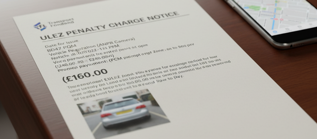 Vehicle breakdown in London's ULEZ/LEZ zone, with a white car halted under a gantry and a branded recovery truck arriving to assist.