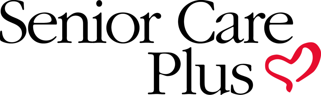 A logo for senior care plus with a heart in the middle.