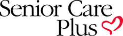 A logo for senior care plus with a heart in the middle.