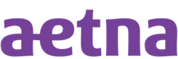 The aetna logo is purple and white on a white background.