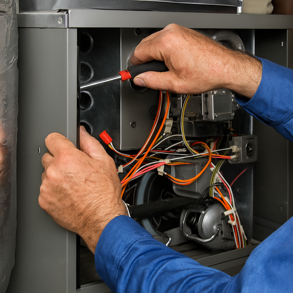 Person using a screwdriver to work on the interior of a furnace.