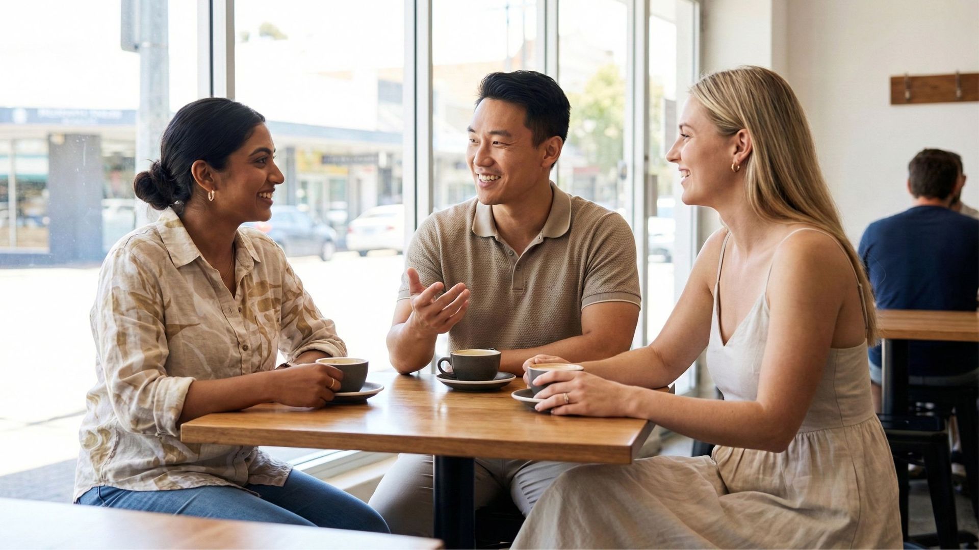 NDIS support workers engaging in a warm, supportive conversation in a bright cafe, representing the link between professional well-being and successful transitional care outcomes.
